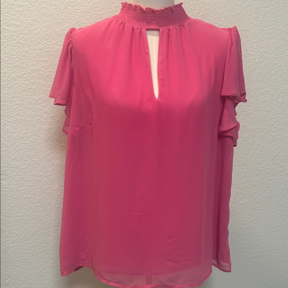 1. State Hot Pink Mock Neck Keyhole Ruffle Sleeve Blouse
